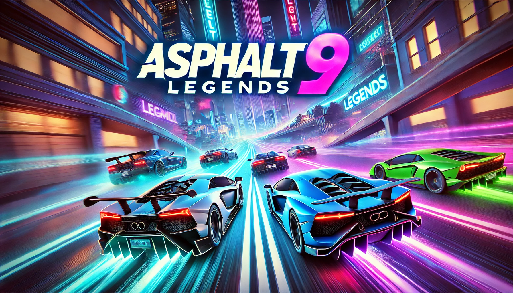 3D banner featuring 'Asphalt 9: Legends' with high-speed racing scenes, luxury sports cars, neon-lit city streets, and vibrant colors capturing the intensity and thrill of the game.