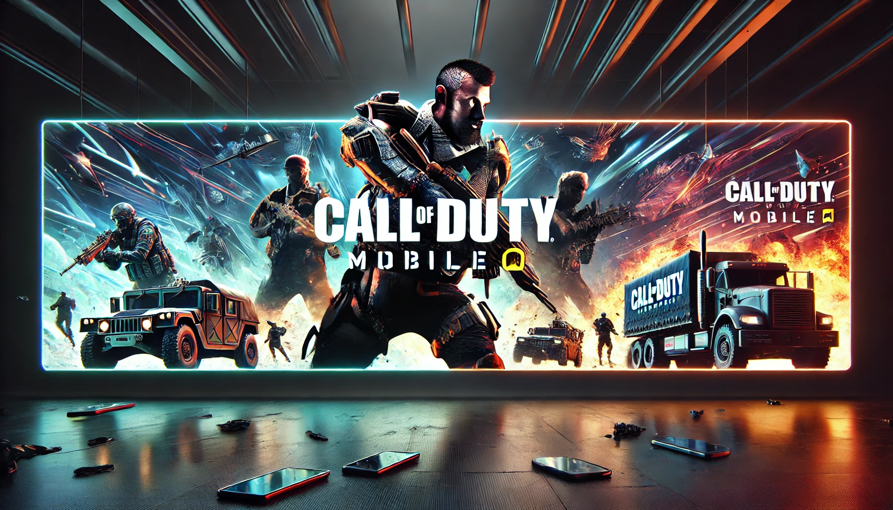 3D banner featuring 'Call of Duty Mobile' with action scenes of soldiers, explosions, and military vehicles, designed with glowing neon elements to represent the intense gaming experience.