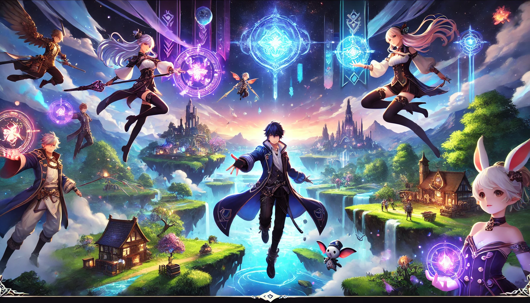 3D banner featuring 'Genshin Impact' with a breathtaking fantasy world, lush landscapes, and magical elements, showcasing characters in action with vibrant mystical colors to capture the adventure and fantasy of the game.