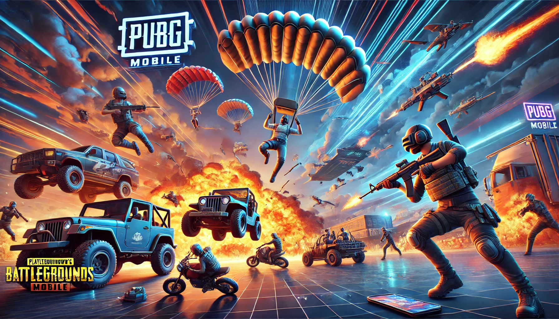 Highly graphical 3D banner featuring 'PUBG Mobile' with intense battle scenes, parachuting players, vehicles, explosions, and vibrant neon colors to capture the action-packed battle royale experience.