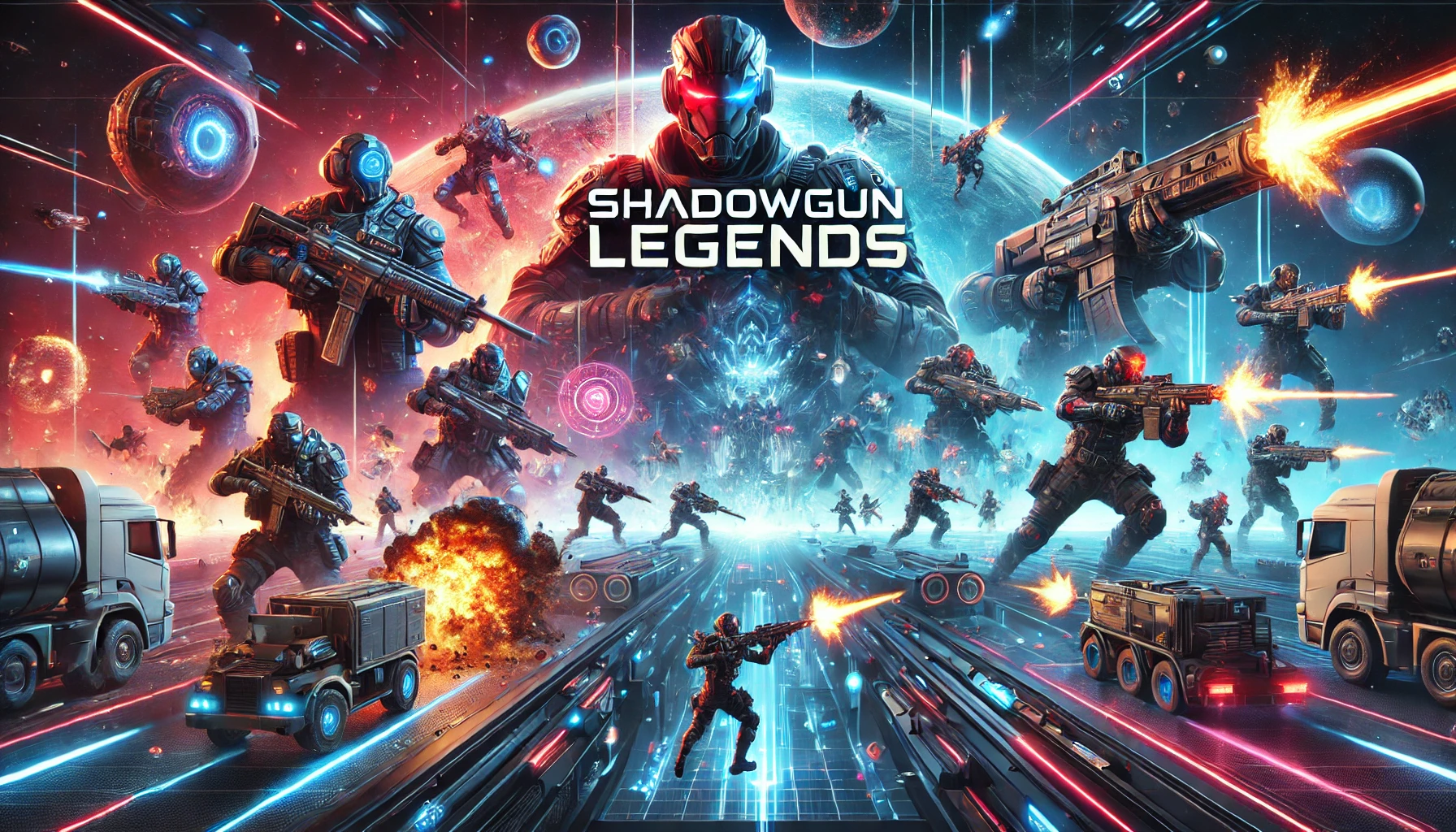 3D banner featuring 'Shadowgun Legends' with intense futuristic battle scenes, soldiers with high-tech weapons, explosions, and neon lights, capturing the sci-fi shooter action in the game.